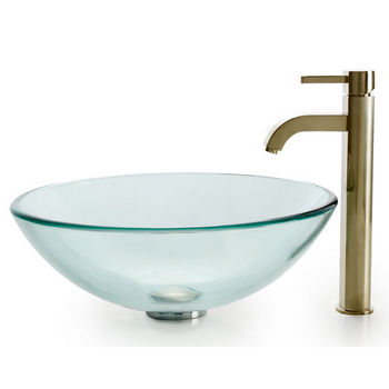 Kraus Clear Glass Vessel Bathroom Sink and Ramus Faucet Set