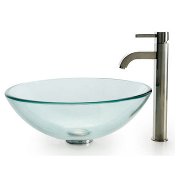 Kraus Clear Glass Vessel Bathroom Sink and Ramus Faucet Set