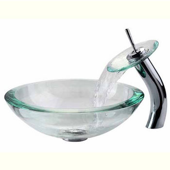 Kraus Clear 34mm edge Glass Vessel Sink and Waterfall Faucet Set