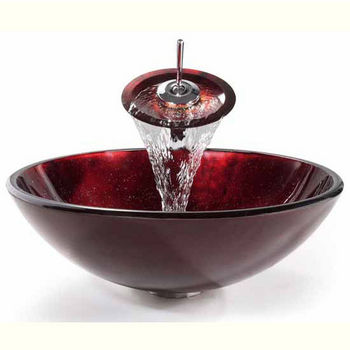 Kraus Irruption Red Glass Vessel Sink and Waterfall Faucet Set