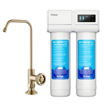 Kraus Purita#8482 2-Stage Under-Sink Filtration System with Urbix#8482 Single Handle Drinking Water Filter Faucet in Brushed Gold, Spout Height: 8-3/8'' H; Spout Reach: 6'' D