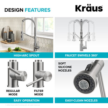 Kraus Bolden Collection 2-in-1 Commercial Style Pull-Down Single Handle Water Filter Kitchen Faucet in Spot-Free Stainless Steel with Purita™ 2-Stage Under-Sink Filtration System, Spout Height: 6-3/8'' H; Spout Reach: 8-5/8'' D