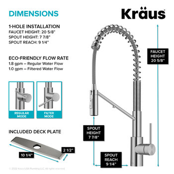 Kraus Oletto Collection Spot-Free Stainless Steel Dimensions