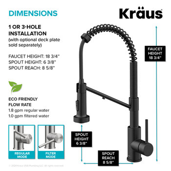 Kraus Bolden™ 2-in-1 Commercial Style Pull-Down Single Handle Water Filter Kitchen Faucet with Purita™ 2-Stage Under-Sink Filtration System, Matte Black Dimensions