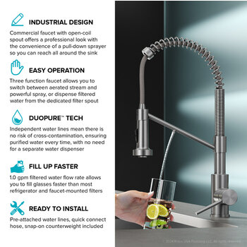 Kraus Bolden™ 2-in-1 Commercial Style Pull-Down Single Handle Water Filter Kitchen Faucet with Purita™ 2-Stage Under-Sink Filtration System, Features
