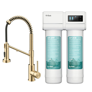 Kraus Bolden™ 2-in-1 Commercial Style Pull-Down Single Handle Water Filter Kitchen Faucet with Purita™ 2-Stage Under-Sink Filtration System, Spot Free Antique Champagne Bronze Included items