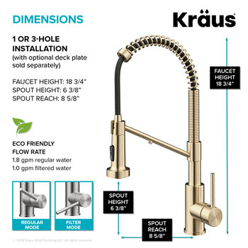 Kraus Bolden™ 2-in-1 Commercial Style Pull-Down Single Handle Water Filter Kitchen Faucet with Purita™ 2-Stage Under-Sink Filtration System, Spot Free Antique Champagne Bronze Dimensions