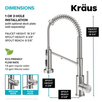 Kraus Bolden™ 2-in-1 Commercial Style Pull-Down Single Handle Water Filter Kitchen Faucet with Purita™ 2-Stage Under-Sink Filtration System, Spot-Free Stainless Steel Dimensions