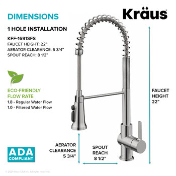 Kraus Britt™ 2-in-1 Commercial Style Pull-Down Single Handle Water Filter Kitchen Faucet with Purita™ 2-Stage Under-Sink Filtration System, Spot-Free Stainless Steel Dimensions