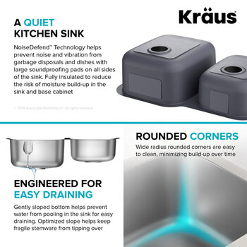 Kraus Premier 32" W Undermount 60/40 Double Bowl 18-Gauge Stainless Steel Kitchen Sink with 2x Strainers, 32" W x 20-5/8" D x 9" H, Quiet Sink