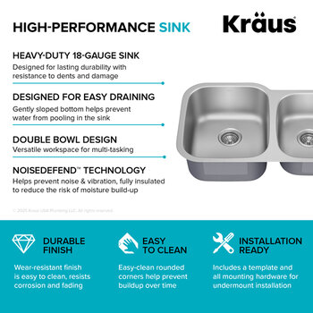 Kraus Premier 32" W Undermount 60/40 Double Bowl 18-Gauge Stainless Steel Kitchen Sink with 2x Strainers, 32" W x 20-5/8" D x 9" H, High Performance