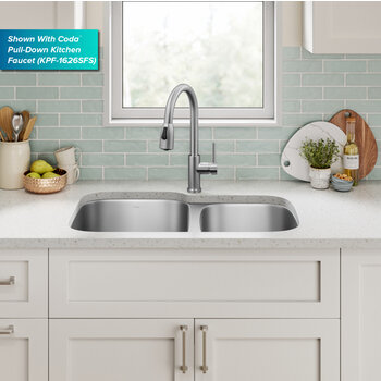 Kraus Premier 32" W Undermount 60/40 Double Bowl 18-Gauge Stainless Steel Kitchen Sink with 2x Strainers, 32" W x 20-5/8" D x 9" H, Compatible Faucet Front View