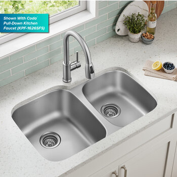Kraus Premier 32" W Undermount 60/40 Double Bowl 18-Gauge Stainless Steel Kitchen Sink with 2x Strainers, 32" W x 20-5/8" D x 9" H, Compatible Faucet