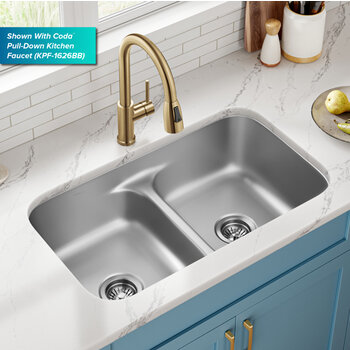 Kraus Premier 32" W Undermount 50/50 Double Bowl, Low Divider, 18-Gauge Stainless Steel Kitchen Sink w/ WasteGuard Garbage Disposal and 2x Strainers, Compatible Faucet