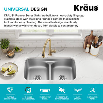 Kraus Premier 32" W Undermount 50/50 Double Bowl, Low Divider, 18-Gauge Stainless Steel Kitchen Sink w/ WasteGuard Garbage Disposal and 2x Strainers, Universal Design