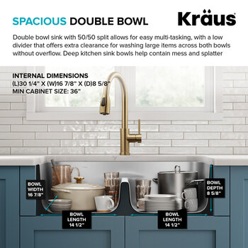 Kraus Premier 32" W Undermount 50/50 Double Bowl, Low Divider, 18-Gauge Stainless Steel Kitchen Sink w/ WasteGuard Garbage Disposal and 2x Strainers, Double Bowl Sink Info