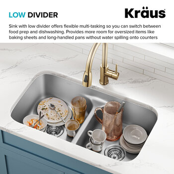 Kraus Premier 32" W Undermount 50/50 Double Bowl, Low Divider, 18-Gauge Stainless Steel Kitchen Sink w/ WasteGuard Garbage Disposal and 2x Strainers, Low Divider