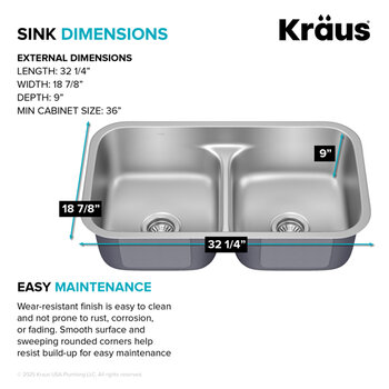 Kraus Premier 32" W Undermount 50/50 Double Bowl, Low Divider, 18-Gauge Stainless Steel Kitchen Sink w/ WasteGuard Garbage Disposal and 2x Strainers, Dimensions