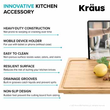 Kraus 19-1/2 Inch Length x 12 Inch Width Solid Bamboo Cutting Board with  Mobile Device Holder for Standard Kitchen Sink or Countertop KCBT-103BB