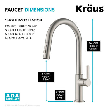 Kraus Standart PRO™ 33'' Drop In / Undermount Single Bowl 18-Gauge Stainless Steel Kitchen Sink and Oletto Pull Down Faucet in Spot-Free Stainless Steel, Faucet Dimension