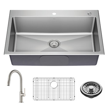 Kraus Standart PRO™ 33'' Drop In / Undermount Single Bowl 18-Gauge Stainless Steel Kitchen Sink and Oletto Pull Down Faucet in Spot-Free Stainless Steel, Included items