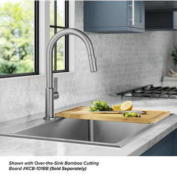 Kraus Standart PRO™ 33'' Drop In / Undermount Single Bowl 18-Gauge Stainless Steel Kitchen Sink and Oletto Pull Down Faucet in Spot-Free Stainless Steel, Shown with Cutting Board