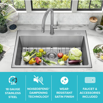 Kraus Standart PRO™ 33'' Drop In / Undermount Single Bowl 18-Gauge Stainless Steel Kitchen Sink and Oletto Pull Down Faucet in Spot-Free Stainless Steel, Features