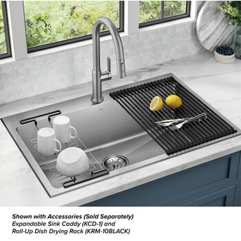 Kraus Standart PRO™ 33'' Drop In / Undermount Single Bowl 18-Gauge Stainless Steel Kitchen Sink and Oletto Pull Down Faucet in Spot-Free Stainless Steel, Shown with Accessories