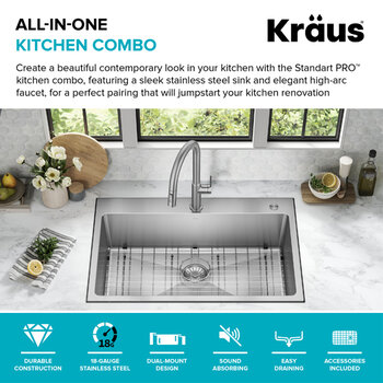 Kraus Standart PRO™ 33'' Drop In / Undermount Single Bowl 18-Gauge Stainless Steel Kitchen Sink and Oletto Pull Down Faucet in Spot-Free Stainless Steel, All-In-One