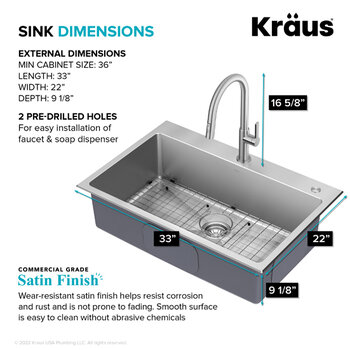 Kraus Standart PRO™ 33'' Drop In / Undermount Single Bowl 18-Gauge Stainless Steel Kitchen Sink and Oletto Pull Down Faucet in Spot-Free Stainless Steel, Sink Dimensions