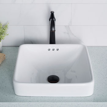 Kraus Elavo Ceramic Square Semi-Recessed Bathroom Sink with Overflow, White