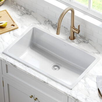 KRAUS Turino™ 30'' Drop-In Undermount Fireclay Single Bowl Kitchen Sink with Thick Mounting Deck in Gloss White