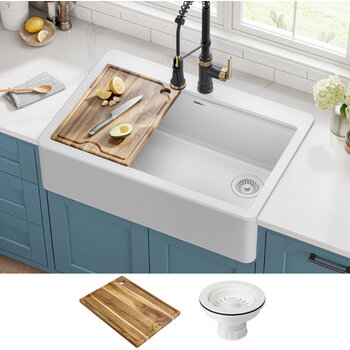 Kraus Bellucci™ 33'' Workstation Drop In Retrofit Farmhouse Single Bowl Granite Kitchen Sink with Accessories, White In Use Kitchen View