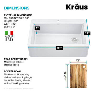 Kraus Bellucci™ 33'' Workstation Drop In Retrofit Farmhouse Single Bowl Granite Kitchen Sink with Accessories, White Dimensions
