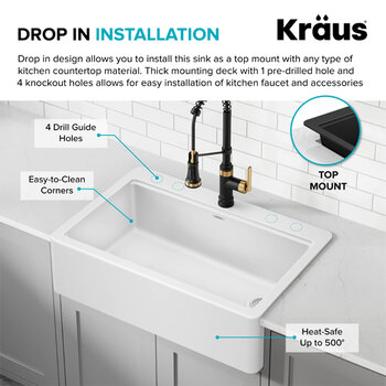 Kraus Bellucci™ 33'' Workstation Drop In Retrofit Farmhouse Single Bowl Granite Kitchen Sink with Accessories, White Installation