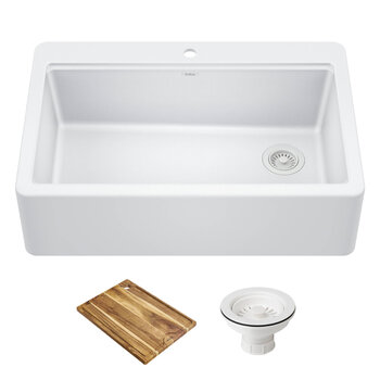 Kraus Bellucci™ 33'' Workstation Drop In Retrofit Farmhouse Single Bowl Granite Kitchen Sink with Accessories, White Included items