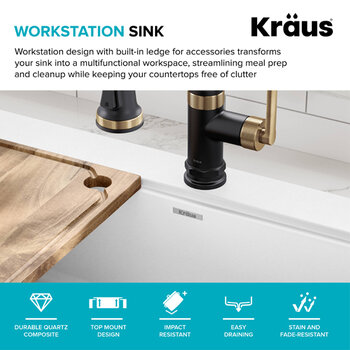 Kraus Bellucci™ 33'' Workstation Drop In Retrofit Farmhouse Single Bowl Granite Kitchen Sink with Accessories, White Features
