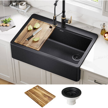 Kraus Bellucci™ 33'' Workstation Drop In Retrofit Farmhouse Single Bowl Granite Kitchen Sink with Accessories, Metallic Black In Use Kitchen View