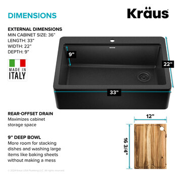 Kraus Bellucci™ 33'' Workstation Drop In Retrofit Farmhouse Single Bowl Granite Kitchen Sink with Accessories, Metallic Black Dimensions