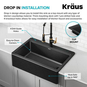 Kraus Bellucci™ 33'' Workstation Drop In Retrofit Farmhouse Single Bowl Granite Kitchen Sink with Accessories, Metallic Black Installation