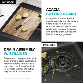 Kraus Bellucci™ 33'' Workstation Drop In Retrofit Farmhouse Single Bowl Granite Kitchen Sink with Accessories, Metallic Black Included items