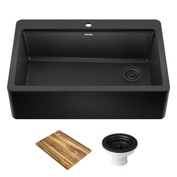 Kraus Bellucci™ 33'' Workstation Drop In Retrofit Farmhouse Single Bowl Granite Kitchen Sink with Accessories, Metallic Black Included items