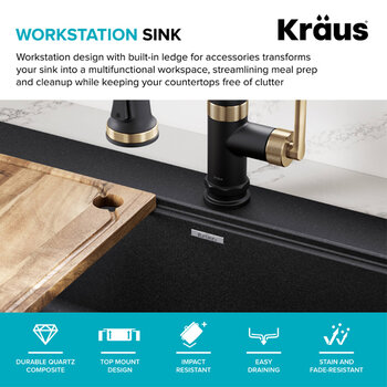 Kraus Bellucci™ 33'' Workstation Drop In Retrofit Farmhouse Single Bowl Granite Kitchen Sink with Accessories, Metallic Black Features
