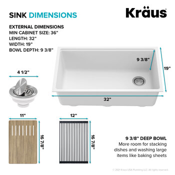 Kraus Bellucci Workstation 32" Wide Undermount Granite Composite Single Bowl Kitchen Sink in White with Accessories and WasteGuard™ 1 HP Continuous Feed Garbage Disposal
