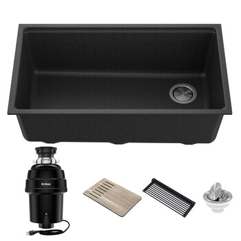 Kraus Bellucci Workstation 32" Wide Undermount Granite Composite Single Bowl Kitchen Sink in Metallic Black with Accessories and WasteGuard™ 1 HP Continuous Feed Garbage Disposal