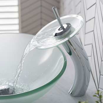 Kraus Single Lever Vessel Glass Waterfall Faucet, Chrome with Frosted Glass Disk and Matching Pop Up Drain, 13"H