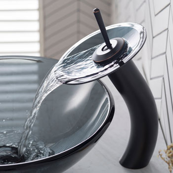 Kraus Single Lever Vessel Glass Waterfall Faucet, Oil Rubbed Bronze with Black Clear Glass Disk and Matching Pop Up Drain, 13"H