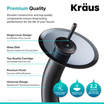 Kraus Single Lever Vessel Glass Waterfall Faucet, Oil Rubbed Bronze with Black Clear Glass Disk and Matching Pop Up Drain, 13"H