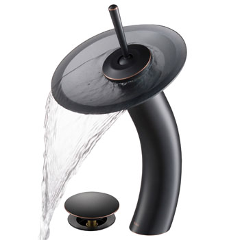 Kraus Oil Rubbed Bronze Single Lever Vessel Glass Waterfall Faucet with Black Frosted Glass Disk and Matching Pop Up Drain, 13"H
