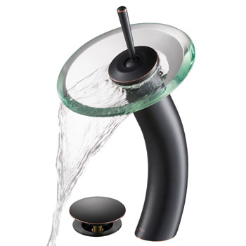 Kraus Single Lever Vessel Glass Waterfall Mixer with Matching Pop Up Drain, Oil Rubbed Bronze